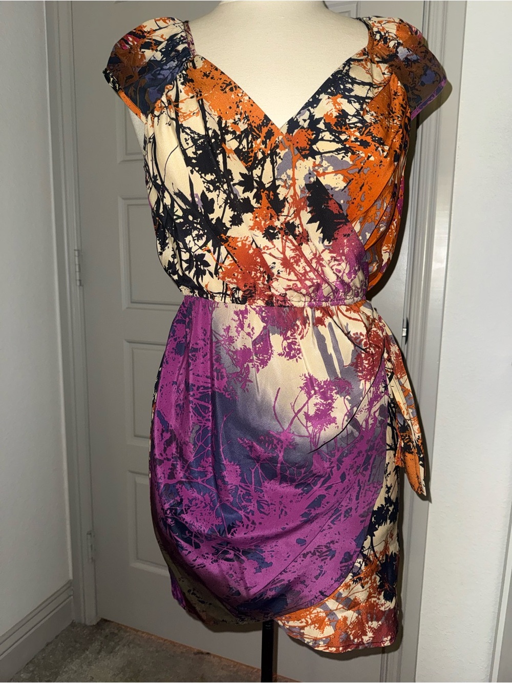 Silk Charlie Jade Purple, Orange & Cream Abstract Wrap Mini Dress